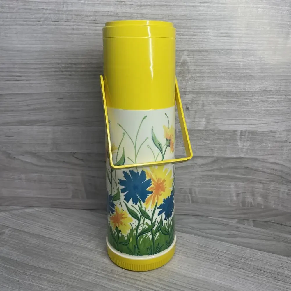 Vtg 70s Aladdin Pump A Drink Dispenser Thermos Shell Yellow Floral CottageCore